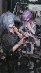 2girls bandaid bandaid_on_knee bandaid_on_leg black_choker black_mask black_pants black_shirt blindfold blue_hair blush book boots bracelet breasts camera carpet chair charat_sieles chinese_commentary choker cleavage clock collarbone collared_shirt commentary_request commission digital_clock diurtion eyes_visible_through_hair feet_out_of_frame flower flustered flying_sweatdrops frilled_skirt frills full_body fur-trimmed_boots fur_trim grey_skirt hair_between_eyes hair_ornament hairclip halter_shirt halterneck hand_on_own_chin happy heart high-waist_pants highres holding holding_camera indoors jewelry lace-trimmed_sleeves lace_shirt lace_trim layered_shirt long_hair long_sleeves mask mask_pull miniskirt monitor mouth_mask multicolored_hair multiple_girls office_chair on_chair one_side_up original pants photo_(object) pink_eyes plant pleated_skirt potted_plant pulling_own_clothes purple_hair shirt short_hair short_twintails sitting skirt sleeve_cuffs sleeves_past_wrists spoken_heart streaked_hair striped_clothes striped_pants swivel_chair three-quarter_sleeves twintails vertical-striped_clothes vertical-striped_pants very_long_hair watermark white_boots white_flower white_hair white_shirt wooden_floor