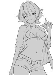 1girl absurdres bow bow_bra bow_panties bra breasts hair_between_eyes hair_intakes highres hiiragi_utena holding holding_star looking_at_viewer mahou_shoujo_ni_akogarete medium_breasts monochrome navel open_clothes open_fly open_mouth open_shirt open_shorts panties shirt short_hair short_shorts shorts simple_background smile solo star_(symbol) stomach unbuttoned underwear unfinished upper_body white_background xueli_shimazaki