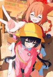Rule 34 | + +, 2girls, :d, :o, ^ ^, absurdres, aged down, animal ear fluff, animal ears, aqua eyes, black skirt, blue archive, blunt bangs, blush, braid, braided hair rings, china dress, chinese clothes, closed eyes, commentary, crossed bangs, dress, excited, extra ears, fang, foreshortening, fox ears, fox girl, hair between eyes, hair rings, halo, happy, highres, indoors, kindergarten uniform, kisaki (blue archive), kisaki (kindergarten uniform) (blue archive), knees out of frame, lens flare, long hair, looking at viewer, low twintails, miniskirt, moru (moru20000), multiple girls, no shoes, official alternate costume, official alternate hairstyle, open mouth, outstretched arm, pink shirt, pleated skirt, red dress, red halo, rumi (blue archive), rumi (small) (blue archive), shirt, sitting, skin fang, skirt, smile, socks, table, twintails, v, wariza, white socks
