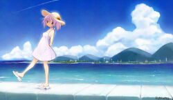 absurdres blue_sky building city cloud cumulonimbus_cloud day dress flower hat hat_flower highres juudo_ni_seiheki_kojireta_madoka_suki kaname_madoka looking_at_viewer mahou_shoujo_madoka_magica mountainous_horizon ocean pink_dress sandals sky straw_hat sundress sunflower town water wide_brim