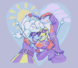 1boy 1girl alt_text artist_name belt bluegreenghost closed_eyes cloud commentary deltarune elnina_(deltarune) english_commentary formal_clothes heart heart_hands heart_hands_duo hetero highres lanino_(deltarune) lipstick makeup necktie object_head pointer purple_skirt red_necktie skirt smile suit sun white_hair yellow_skirt