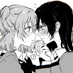 2girls ? absurdres aijou_karen blush bow bowtie chromatic_aberration collared_shirt couple embarrassed eye_contact face-to-face flying_sweatdrops from_side greyscale hair_between_eyes hand_up highres holding_hands interlocked_fingers jacket kagura_hikari long_hair long_sleeves looking_at_another monochrome multiple_girls nose_blush one_side_up parted_lips profile rococomm123 school_uniform seishou_music_academy_uniform shirt short_hair shoujo_kageki_revue_starlight simple_background speech_bubble spoken_question_mark spot_color sweat upper_body white_background yuri