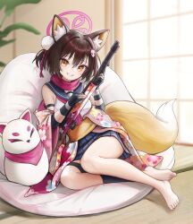 1girl animal_ear_fluff animal_ears barefoot bean_bag_chair blue_archive blue_skirt brown_hair closed_mouth cropped feet fefee fox_ears fox_girl fox_mask fox_tail gloves gun hair_ornament halo head_tilt highres holding holding_gun holding_weapon indoors izuna_(blue_archive) looking_at_viewer mask obi partially_fingerless_gloves plant pleated_skirt potted_plant sash shirt short_hair shouji skirt sleeveless sleeveless_shirt sliding_doors smile solo stuffed_animal stuffed_toy tail tatami thigh_strap toes weapon white_shirt