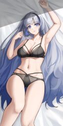 Rule 34 | 1girl, absurdres, armpits, black bow, black hair, black pantyhose, blue eyes, blue hair, bow, bow panties, breasts, cleavage, collarbone, commentary, english commentary, girls&#039; frontline, girls&#039; frontline neural cloud, gongbangmanchi (daisy cutter), highres, hubble (neural cloud), large breasts, long hair, looking at viewer, lying, multicolored hair, navel, panties, pantyhose, parted lips, solo, stomach, streaked hair, underwear, underwear only