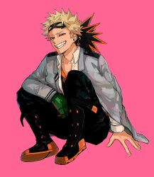 1boy bakugou_katsuki black_mask black_pants blonde_hair boku_no_hero_academia boots collarbone collared_shirt commentary_request fingernails full_body grey_jacket grin highres jacket kunyamon_busy lapels looking_at_viewer male_focus mask notched_lapels open_clothes open_shirt pants pink_background red_eyes school_uniform shirt short_hair simple_background smile solo spiked_hair superhero_costume teeth u.a._school_uniform white_shirt wing_collar