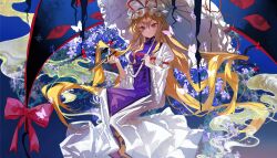 Rule 34 | 1girl, absurdres, axleaki, blonde hair, blush, bow, bug, butterfly, chinese commentary, closed mouth, commentary, commentary request, dress, english commentary, gap (touhou), hair between eyes, hair bow, hand fan, hat, hat ribbon, highres, holding, holding fan, holding umbrella, insect, light smile, long dress, long hair, long sleeves, looking at viewer, mixed-language commentary, mob cap, parasol, pink bow, purple eyes, purple tabard, red bow, red ribbon, ribbon, solo, tabard, touhou, umbrella, very long hair, white dress, white hat, wide sleeves, yakumo yukari