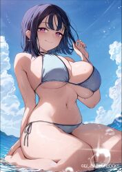 1girl bare_shoulders bikini blue_sky breasts closed_mouth commentary_request day hair_ornament hairclip highres kneeling large_breasts looking_at_viewer melonbooks navel neshia_(tsaqif0309) original outdoors purple_eyes purple_hair short_hair side-tie_bikini_bottom sky smile solo stomach strap_pull swimsuit thighs underboob water white_bikini