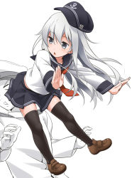 10s 1boy 1girl admiral_(kancolle) black_thighhighs blue_eyes blush brown_footwear hat hibiki_(kancolle) hip_attack kantai_collection loafers long_hair long_sleeves open_mouth outstretched_arms partially_colored pleated_skirt sailor_collar school_uniform serafuku shoes silver_hair simple_background skirt thighhighs white_background youkan zettai_ryouiki