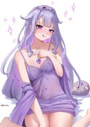 1girl :q absurdres adammaarr alternate_breast_size breasts colored_inner_hair covered_navel grey_hair highres hololive hololive_english jewel_under_eye koseki_bijou long_hair medium_breasts multicolored_hair nightgown pebble_(koseki_bijou) pink_hair purple_eyes purple_nightgown solo tongue tongue_out virtual_youtuber