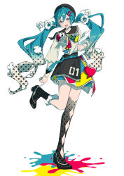Rule 34 | 1girl, :d, absurdres, asymmetrical legwear, black hat, black sailor collar, black shoes, black socks, blue eyes, blue hair, blush, bow, bowtie, commentary, cowboy shot, full body, fur-trimmed socks, gradient hair, grey thighhighs, hair ornament, hat, hatsune miku, heart, heart hair ornament, highres, holding, holding paper, long hair, long sleeves, looking at viewer, multicolored bow, multicolored bowtie, multicolored hair, multicolored skirt, open mouth, paper, polka dot, polka dot hair, potate, sailor collar, shirt, shoes, simple background, single sock, single thighhigh, skirt, smile, socks, solo, standing, standing on one leg, thighhighs, twintails, uneven legwear, vocaloid, white hair, white shirt