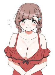 1girl asahi_(kancolle) asahi_(swimsuit)_(kancolle) braid breasts brown_hair casual_one-piece_swimsuit cleavage collarbone commentary_request crossed_arms frilled_one-piece_swimsuit frills grey_eyes kantai_collection large_breasts looking_at_viewer mole mole_under_mouth official_alternate_costume one-piece_swimsuit red_one-piece_swimsuit short_hair side_braids simple_background solo swimsuit tamu_(mad_works) twin_braids upper_body white_background