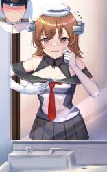 Rule 34 | 1girl, @ @, admiral (kancolle), bathroom, black sailor collar, black skirt, body switch, breasts, brown eyes, brown hair, cowboy shot, dixie cup hat, elbow gloves, flipped hair, gloves, grabbing own breast, hat, headgear, highres, kantai collection, looking at mirror, looking at viewer, medium breasts, military hat, mirror, neckerchief, nuppunuppu, off-shoulder shirt, off shoulder, personality switch, pov, red neckerchief, richard p. leary (kancolle), sailor collar, shirt, short hair, sink, skirt, solo, sweat, white gloves, white hat