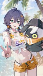 1girl absurdres ahoge aqua_eyes bangboo_(zenless_zone_zero) bare_shoulders beach belle_(summer_skies)_(zenless_zone_zero) belle_(zenless_zone_zero) bikini bikini_top_only bikini_under_clothes blue_hair blue_nails blue_sky blush breasts collarbone commentary_request crop_top crossed_bangs day dutch_angle eous_(zenless_zone_zero) hair_between_eyes hair_ornament hand_up highres holding jewelry letter_hair_ornament looking_at_viewer medium_breasts micro_shorts nail_polish navel necklace ocean official_alternate_costume orange_bikini orange_shorts outdoors palm_tree see-through_clothes see-through_shirt shirt short_hair short_twintails shorts sky smile solo standing stomach swimsuit tem_(tempainting1) thighs tied_shirt tree twintails v water zenless_zone_zero