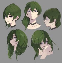 1girl alternate_hairstyle black_choker choker cropped_head evil_grin evil_smile green_hair grey_background grin hair_down highres jitome medium_hair multiple_expressions multiple_views parted_lips ponytail purple_eyes scowl simple_background smile sombie sousou_no_frieren ubel_(sousou_no_frieren) v-shaped_eyebrows