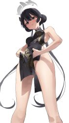 1girl absurdres black_dress black_hair blue_archive blush breasts bun_with_braided_base china_dress chinese_clothes closed_mouth clothes_lift commentary_request double_bun dress feet_out_of_frame from_below gluteal_fold grey_eyes grey_halo hair_bun halo highres kisaki_(blue_archive) long_hair medium_breasts meltyrice no_panties pelvic_curtain pelvic_curtain_lift simple_background solo standing thighs twintails white_background