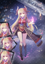 1girl absurdres alternate_color black_bow black_coat black_shoes black_shorts black_socks blush bow breasts brown_horns character_name closed_mouth coat commentary_request fire flower full_body grey_background hair_bow hair_flower hair_ornament highres horns long_hair long_sleeves looking_at_viewer medium_breasts multiple_expressions open_clothes open_coat pink_bow pink_fire pyrokinesis ragnarok_online red_flower red_rose red_shirt rose shirt shoes shorts smile socks soul_ascetic_(ragnarok_online) standing striped_bow vixiq watermark watermark_grid