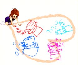 1girl ace_attorney all_fours bad_id bad_pixiv_id capcom child child&#039;s_drawing drawing dress female_focus heart phoenix_wright red_eyes red_hair short_hair smile socks solo tomo tomo_(sjim) trucy_wright valant_gramarye zak_gramarye