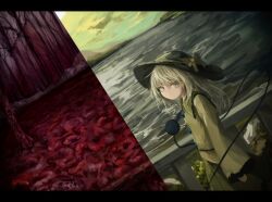 1girl black_hat bow buttons contrast fence flesh forest frills green_eyes green_hair green_skirt hat hat_ribbon highres komeiji_koishi lake long_sleeves looking_at_viewer nature reverinth ribbon shirt skirt solo touhou tree water wide_sleeves yellow_shirt