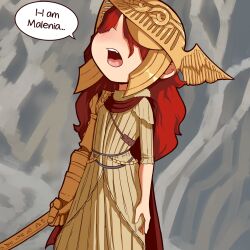 1girl aged_down akatosh_el_shota_furro armor arms_at_sides blush brown_dress cape character_name child dress elden_ring embarrassed english_text facing_viewer feet_out_of_frame female_focus flat_chest fromsoftware gold_armor gold_helmet golden_sword hair_over_eyes helmet highres holding holding_sword holding_weapon long_hair malenia_blade_of_miquella nervous open_mouth prosthesis prosthetic_arm red_cape red_hair short_sleeves solo standing sword teeth tongue upper_teeth_only variant_set weapon