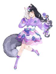 1girl absurdres animal_ear_fluff animal_ears aqua_eyes black_hair blush braid fox_ears fox_girl fox_tail full_body heterochromia highres japanese_clothes kimono kimono_skirt knees_together_feet_apart long_hair looking_at_viewer multicolored_hair original parted_lips purple_kimono purple_socks simple_background socks solo split-color_hair star-shaped_pupils star_(symbol) symbol-shaped_pupils tail tuffi-chan very_long_hair white_background white_hair yellow_eyes