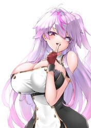 absurdres azur_lane breasts cleavage detached_collar finger_to_mouth fingerless_gloves gloves grenville_(azur_lane) highres index_finger_raised large_breasts long_hair majinno multicolored_hair pink_hair purple_hair red_eyes red_gloves single_fingerless_glove two-tone_hair very_long_hair