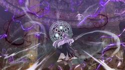 3girls absurdres battle black_coat black_pantyhose capelet coat commentary_request doppelganger dress fern_(sousou_no_frieren) floating floating_clothes floating_hair frieren hair_ornament highres holding holding_staff indoors jacket levitation lightning mage_staff magic magic_circle multiple_girls pantyhose purple_hair reiartdayo scene_reference shirt skirt sousou_no_frieren staff striped_clothes striped_shirt twintails white_capelet white_dress white_hair white_jacket white_skirt