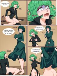 2girls absurdres allen_skies ass barefoot black_dress body_switch breast_hold breast_lift breasts curly_hair dress english_text fubuki_(one-punch_man) green_eyes green_hair highres large_breasts long_sleeves medium_hair multiple_girls one-punch_man open_mouth personality_switch short_hair siblings sisters small_breasts smile tatsumaki undressing