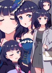 1girl absurdres asaka_karin bag birthday blue_eyes blue_hair blush breasts cleavage collarbone commentary cream_(nipakupa) grey_background hat highres jacket looking_at_viewer love_live! love_live!_nijigasaki_high_school_idol_club medium_hair mole mole_on_collarbone multiple_moles multiple_views one_eye_closed shoulder_bag