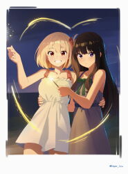 2girls absurdres black_hair blonde_hair blush closed_mouth commentary dress edgar_syu fireworks green_ribbon hair_ribbon hand_on_another&#039;s_waist heart highres holding holding_fireworks inoue_takina long_hair lycoris_recoil multiple_girls neck_ribbon night nishikigi_chisato open_mouth purple_dress purple_eyes red_eyes red_ribbon ribbon short_hair sidelocks sparkler white_dress yuri