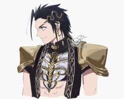 1boy abs armor black_hair cosplay earrings final_fantasy final_fantasy_vii final_fantasy_vii_ever_crisis gold_trim hair_ornament highres hnsk_013 jewelry looking_to_the_side male_focus midriff official_alternate_costume sephiroth sephiroth_(cape_of_the_worthy) sephiroth_(cosplay) short_hair shoulder_armor sideburns single_earring smirk snake_hair_ornament solo white_background zack_fair