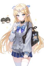1boy 2girls adjusting_bowtie alternate_costume bag bag_charm black_bag black_collar black_hair blonde_hair blue_bow blue_bowtie blue_eyes blue_skirt blush bow bowtie cartethyia_(wuthering_waves) character_charm charm_(object) closed_mouth collar collarbone collared_shirt commentary cowboy_shot crown_of_thorns earrings female_rover_(wuthering_waves) fleurdelys_(wuthering_waves) flying_sweatdrops grey_sweater heart highres jewelry long_hair long_sleeves looking_at_viewer male_rover_(wuthering_waves) miho_(mymiho) multiple_girls necklace plaid_clothes plaid_skirt pleated_skirt pointy_ears ring rover_(wuthering_waves) school_bag school_uniform shirt sidelocks simple_background skirt sparkle sparkling_aura striped_bow striped_bowtie striped_clothes sweater tacet_mark_(wuthering_waves) thighhighs thighs thumbs_up very_long_hair white_background white_shirt white_thighhighs wuthering_waves yellow_eyes