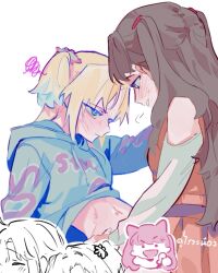Rule 34 | 2girls, bare shoulders, blonde hair, blue eyes, blue hair, blush, brown hair, censored, character censor, chibi, chibi inset, clothes lift, clothing cutout, commentary, dress, fujishima megumi, fujishima megumi (winter loungewear), gradient hair, grin, highres, hood, hoodie, hoodie lift, link! like! love live!, long hair, long sleeves, looking at another, love live!, mira-cra park!, multicolored hair, multiple girls, navel, novelty censor, orange dress, osawa rurino, osawa rurino (winter loungewear), pinafore dress, pipi (m1x mix), pointing, pointing at viewer, purple eyes, shirt, shoulder cutout, simple background, sleeveless, sleeveless dress, smile, squiggle, stomach, sweat, symbol-only commentary, thai text, translation request, two side up, virtual youtuber, white background, white shirt, yuri