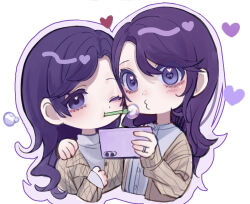 2girls aegyo_sal asahina_mafuyu asahina_mafuyu&#039;s_mother asahina_mafuyu&#039;s_mother_(cosplay) blowing_bubbles blush brown_cardigan bubble buttons cardigan chibi chibi_only commentary_request cosplay cropped_torso eyes_visible_through_hair hair_down hand_on_another&#039;s_shoulder heart heart-shaped_pupils heart_in_eye highres holding holding_phone incest jewelry jishou_210 layered_sleeves long_hair long_sleeves looking_at_phone mother_and_daughter multiple_girls open_cardigan open_clothes outline phone project_sekai purple_eyes purple_hair purple_outline ribbed_cardigan ring shirt simple_background sleeves_past_wrists sweater swept_bangs symbol-shaped_pupils symbol_in_eye turtleneck turtleneck_sweater white_background white_shirt white_sweater yuri