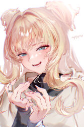 Rule 34 | 1girl, :d, artist name, blonde hair, blue eyes, highres, honkai (series), honkai impact 3rd, jewelry, long hair, looking at viewer, nyeppu, open mouth, ring, signature, simple background, smile, solo, songque, two side up, upper body, white background
