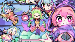 Rule 34 | 1boy, 3girls, :&gt;, :3, :d, ahoge, alternate eye color, arched bangs, armor, blue hair, blush, blush stickers, chirou (osu!), chromatic aberration, closed eyes, contest winner, deformed, gold armor, green hair, heavy chromatic aberration, highres, hood, hood up, kourihase, long hair, low twintails, mocha (osu!), multiple girls, open mouth, osu!, pink hair, pippi (osu!), purple eyes, second-party source, short hair, smile, split mouth, twintails, very long hair, white hair, yuzu (osu!)