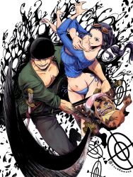 Rule 34 | 1girl, 2boys, antlers, bandana, black bandana, blue panties, commentary request, devil fruit power, earrings, extra arms, eyewear on head, green kimono, hat, holding, holding sword, holding weapon, horns, japanese clothes, jewelry, kimono, multiple boys, nico robin, nikoban, one piece, one piece film: z, panties, pants, reindeer antlers, roronoa zoro, smile, striped clothes, sword, target, tony tony chopper, twintails, twitter username, underwear, vertical-striped clothes, weapon
