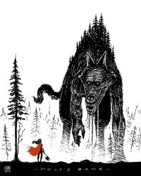 1girl 2019 animal animal_ears axe battle battle_axe big_bad_wolf black_hair cape commentary dated drooling english_commentary forest giant giant_monster greyscale highres holding holding_axe horror_(theme) jr_(jarsarts) little_red_riding_hood_(fairy_tale) little_red_riding_hood_(fairy_tale_character) long_hair monochrome nature no_pupils oversized_animal red_cape title weapon white_eyes wolf wolf_ears
