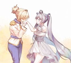 2girls artist_name belt belt_buckle blonde_hair blue_belt blue_pants blue_ribbon blush breasts buckle bush buttons chadolbaegi choker closed_eyes closed_mouth collared_jacket commentary corset couple cowboy_shot crown day detached_sleeves dress english_commentary epaulettes eyelashes eyes_visible_through_hair floating_hair frilled_dress frilled_sleeves frills hair_intakes hair_over_one_eye hair_ribbon hand_up high-low_dress highres jacket kiss kissing_hand large_breasts long_bangs long_hair long_sleeves looking_at_another medium_hair military_uniform multiple_girls original outdoors pants ponytail princess ribbon short_ponytail short_sleeves smile standing strapless strapless_dress twintails very_long_hair white_choker white_dress white_jacket white_sleeves yuri