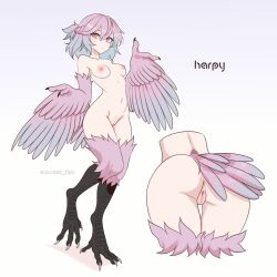 1girl absurdres anus ass bird_legs bird_tail blue_hair breasts commentary completely_nude cropped_legs cropped_torso ev_v1l eyelashes feathered_wings feathers from_behind full_body gradient_hair gradient_wings harpy highres looking_at_viewer medium_breasts medium_hair monster_girl multicolored_hair multicolored_wings multiple_views navel nipples nude original pink_feathers pink_hair pussy solo standing tail talons twitter_username white_background winged_arms wings