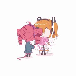 2girls a.i._voice adachi_rei ahoge belt black_shirt black_shoes black_skirt cable chibi chibi_only detached_sleeves drill_hair flower grey_shorts hair_between_eyes hair_ribbon headlamp headphones highres holding holding_flower jacket kasane_teto kimmy6710223 multiple_girls no_eyes open_clothes open_jacket orange_belt orange_hair pink_flower pocket radio_antenna red_hair ribbon shirt shoes shorts side_ponytail simple_background skirt skirt_set sleeveless sleeveless_shirt standing twin_drills utau white_background white_jacket white_ribbon