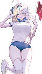 1girl :d ahoge arm_up blonde_hair bloomers blue_bloomers blue_eyes blue_hair blue_hairband blue_ribbon breasts commentary ear_piercing flag hair_between_eyes hair_ribbon hairband hand_up highres holding holding_flag hoshiyori_(vtuber) indie_virtual_youtuber kneehighs kumo_tabetai large_breasts leg_up light_blush looking_at_viewer multicolored_hair navel open_mouth piercing red_flag ribbon shirt shoes short_sleeves simple_background smile socks solo streaked_hair two_side_up underwear virtual_youtuber white_background white_shirt white_shoes white_socks