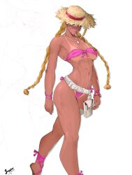 1girl absurdres bare_shoulders belt bikini blonde_hair bracelet braid breasts cammy_white front-tie_bikini_top front-tie_top hat highres jewelry juggler_(sun_juggler) long_hair low_twin_braids medium_breasts official_alternate_costume pink_bikini pouch sandals side-tie_bikini_bottom simple_background solo strapless strapless_bikini straw_hat street_fighter street_fighter_6 swimsuit tan tanline thigh_pouch thigh_strap toned toned_female twin_braids very_long_hair white_background white_belt