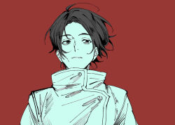 1boy ahoge bags_under_eyes greyscale_with_colored_background jacket jujutsu_kaisen kuropani_cos long_sleeves looking_at_viewer male_focus messy_hair monochrome okkotsu_yuuta parted_lips red_background short_hair simple_background solo upper_body