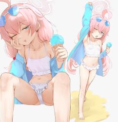 1girl ahoge arm_up armpits bikini blue_archive blue_eyes blue_jacket esearu eyewear_on_head food halo highres holding holding_food holding_ice_cream hoshino_(blue_archive) hoshino_(swimsuit)_(blue_archive) ice_cream jacket loli looking_at_viewer multiple_views navel official_alternate_costume one_eye_closed open_mouth sitting standing sunglasses swimsuit white_bikini white_halo