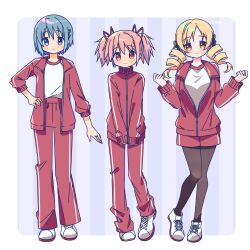 3girls absurdres blonde_hair blue_eyes drill_hair full_body gym_uniform highres kaname_madoka looking_at_viewer mahou_shoujo_madoka_magica miki_sayaka multiple_girls pink_eyes pink_hair ruru_(rurumagi) short_twintails tomoe_mami twin_drills twintails yellow_eyes