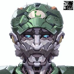 Rule 34 | artist logo, blue eyes, commentary, english commentary, facial hair, highres, logo, looking at viewer, luigi, mar10, mario (series), mecha, mechanization, mustache, nintendo, no humans, portrait, robot, science fiction, solo, straight-on, white background