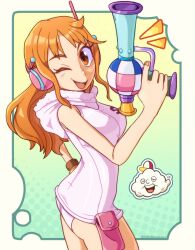 Rule 34 | 1girl, absurdres, belt bag, billdadinosaur, bracelet, breasts, brown eyes, cloud, commentary, cowboy shot, from side, gun, hand on own hip, hand up, hat, headphones, highres, holding, holding gun, holding weapon, hood, hood down, hoodie, jewelry, leotard, log pose, long hair, looking at viewer, looking to the side, medium breasts, mini hat, nami (one piece), nami (one piece) (egghead), one eye closed, one piece, open mouth, orange hair, outside border, panties, sleeveless, sleeveless hoodie, underwear, wavy hair, weapon, white hoodie, white leotard, white panties, zeus (one piece)