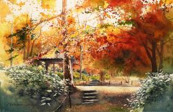 Rule 34 | autumn leaves, bush, fence post, highres, leaf, maple leaf, maple tree, no humans, original, painting (medium), park, path, plant, road, rope fence, scenery, shelter, shimizu megumi (m acquerello), traditional media, tree, watercolor (medium), weeds