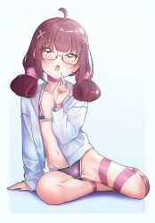 1girl ahoge bikini blush breasts brown_eyes brown_hair fallenshadow finger_to_mouth glasses highres indie_virtual_youtuber jacket leg_ribbon long_hair navel neck_ribbon open_mouth pettan_(zeez4743) purple_bikini ribbon sitting small_breasts solo stomach swimsuit thigh_ribbon thighs twintails virtual_youtuber white_jacket