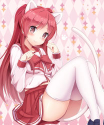 Rule 34 | 1girl, animal ears, argyle background, argyle clothes, bad id, bad pixiv id, blouse, blush, bow, cat ears, cat tail, closed mouth, female focus, kousaka tamaki, long hair, long sleeves, looking at viewer, miniskirt, paw pose, paw print, pleated skirt, red bow, red hair, red skirt, school uniform, serafuku, shirt, shoes, sitting, skirt, smile, solo, tail, thighhighs, to heart (series), to heart 2, white shirt, yuzu-aki, zettai ryouiki